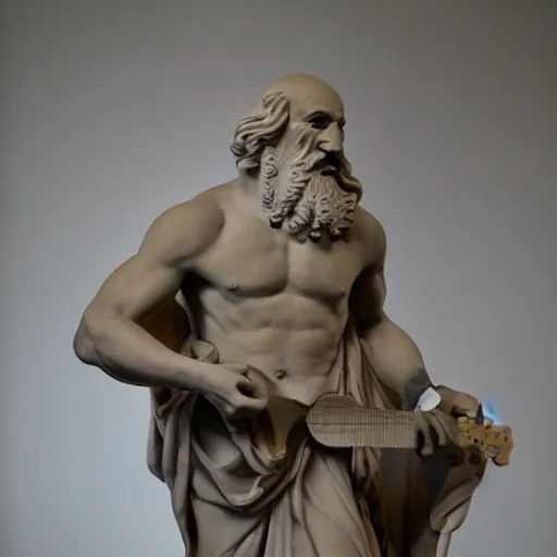 Image similar to epic greek marble statue of a bald man with a long beard playing a guitar, photo, chiaroscuro