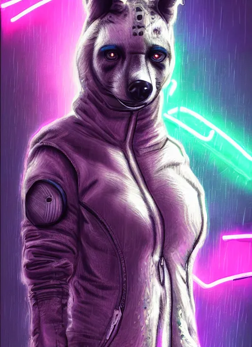 Image similar to digital drawing of anthromorphic hyena female drawn in cell shaded, fursona, furry fandom, neon rainy cyberpunk setting, anthro, wearing cyberpunk 2 0 7 7 jacket, detailed face,