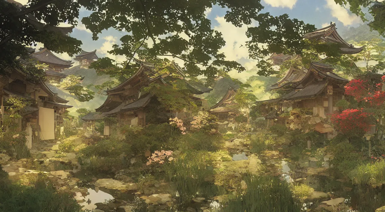 Prompt: A beautiful landscape painting of a small japanese village by Alfons Maria Mucha and Julie Dillon and Makoto Shinkai