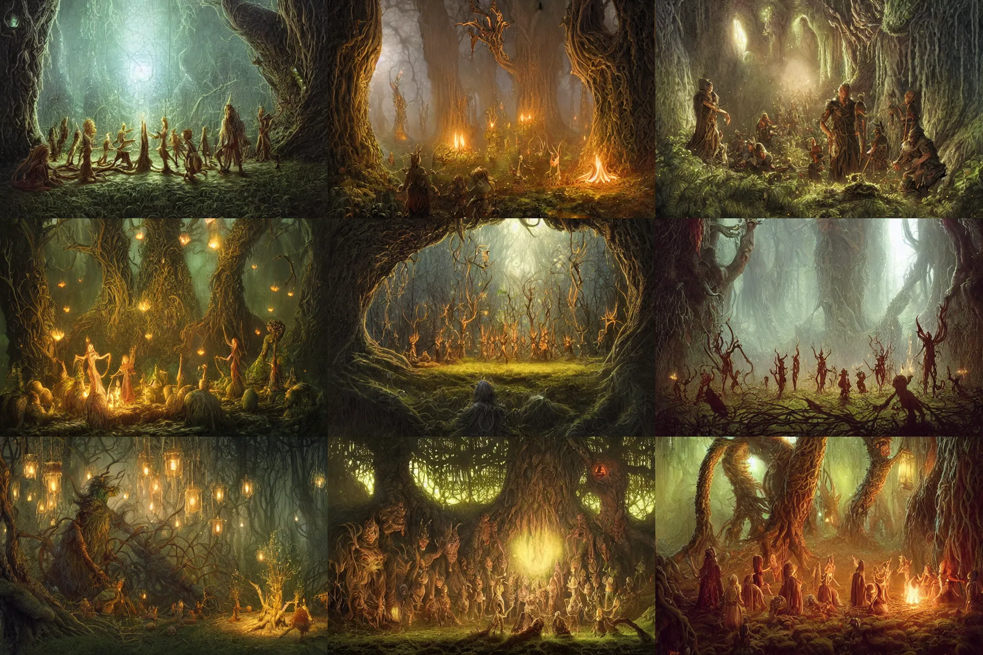 Prompt: elves by jim henson having a party with tree monsters, some fireflies, by brian froud and alan lee, highly detailed, intricate, fantasy, concept art, matte painting, sharp focus, smooth, lighting by greg rutkowski, rich vivid color scheme