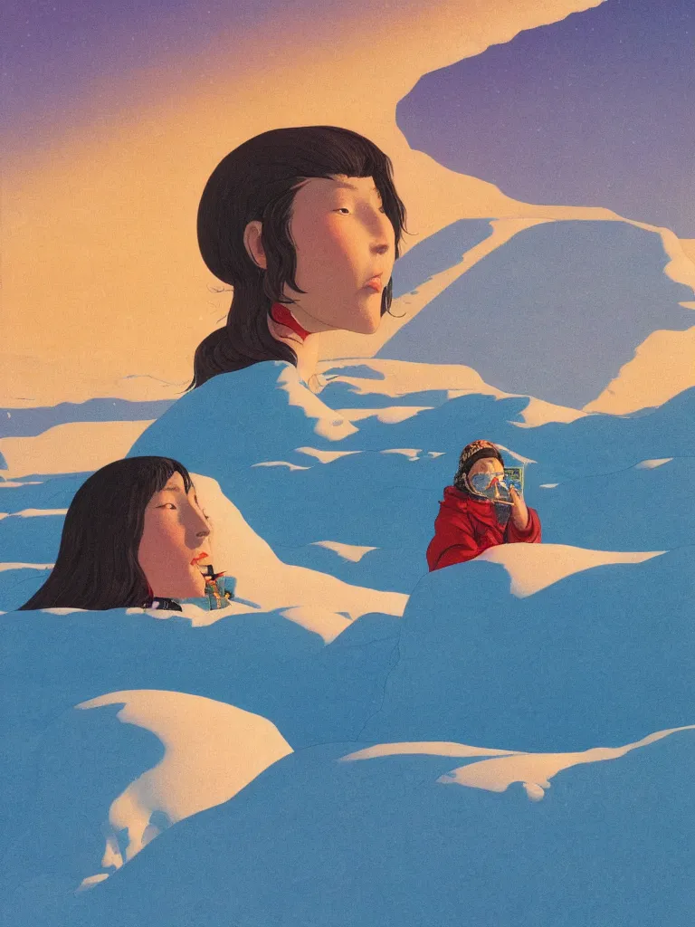 Prompt: a closeup portrait of a young siberian woman eating a blotter paper of lsd acid and dreaming psychedelic hallucinations in the vast icy landscape of antarctica, by kawase hasui, moebius and edward hopper, colorful flat surreal design, hd, 8 k, artstation