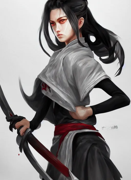 Prompt: a highly detailed illustration of fierce messy ponytail black haired one armed delinquent woman wearing japanese uniform cap wearing long white coat cape, dramatic wielding sword pose, muscular, intricate, elegant, highly detailed, centered, digital painting, artstation, concept art, smooth, sharp focus, league of legends concept art, wlop.
