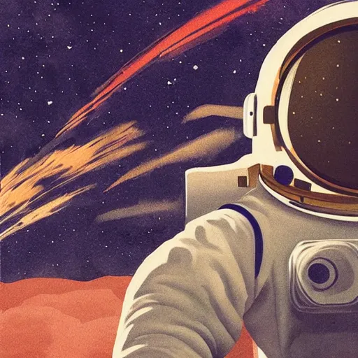 Prompt: Yan Wei illustration of an astronaut drifting in space staring at the earth