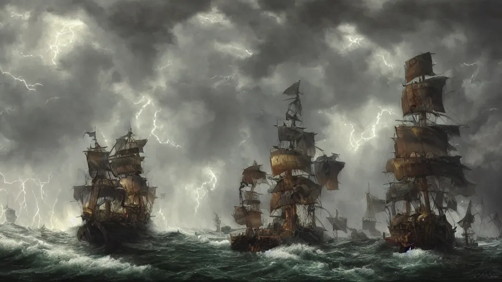 Prompt: a pirate ship in a thunderstorm, lightning is flashing around it, highly detailed oil painting, sea of theiths style, highly detailed oil painting, epic fantasy art, abstraction, masterpeice, 8k