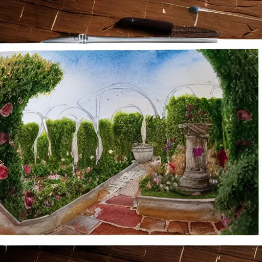 Image similar to delicate garden on paper, floating robes, puffy, vines, botanical herbarium, botanic watercolors, coastline, iridescent, 8 k wide angle, realistic shaded, fine details, artstation, italian, rainbow, colonnade, oak, pinecone, gardena architecture, pompeii, naples, sicilian, boundary wall