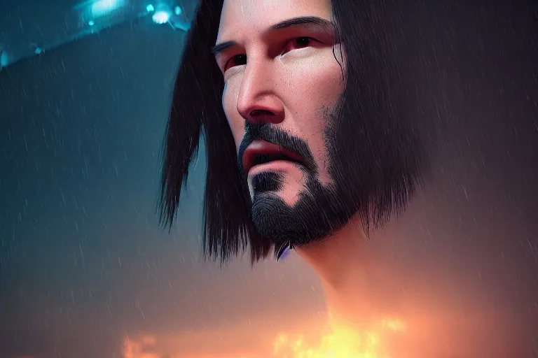 Image similar to cybernetic Keanu Reeves, outside kremlin, close up, mechanical body, artstation, fantasy, intricate, beautiful, cinematic, octane render, arnold render, 8k, hyperrealism, detailed, sharp focus, 4k uhd, masterpiece, award winning, painting by Ivan Aivazovsky and Greg Rutkowski