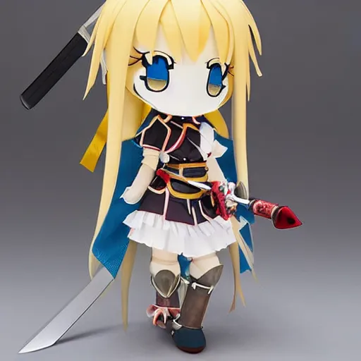 Prompt: cute fumo plush of a warrior girl, anime girl, sword weapon