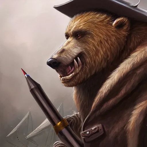 Image similar to dashing charming grinning charismatic bear beast-man rogue, wearing captain's tricorne hat, naval background, amazing, lifelike award winning pencil illustration trending on art station artgerm Greg rutkowski cinematic