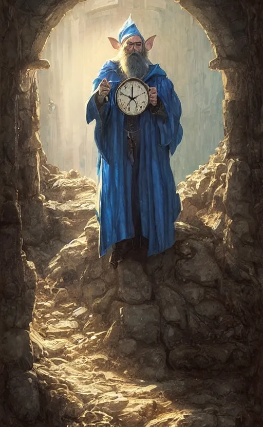 Image similar to portrait of a middle aged elf with a long beard, dressed in a blue cloak with clock iconography, brown hair, raised hand, detailed face, fantasy, highly detailed, cinematic lighting, digital art painting by greg rutkowski