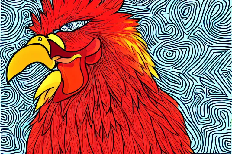 Image similar to illustration of an angry rooster, by willian santiago, intricate, detailed, sharp focus, lively colors