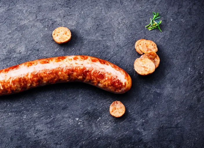 Image similar to A sausage eating a sausage. close up food photography, studio lighting, Sigma 35mm f/1.4