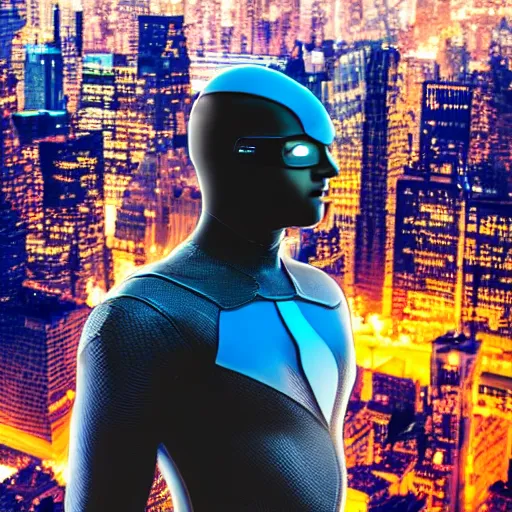 Image similar to portrait of a futuristic superhero, New York City behind him, hd, 4k realistic, award winning photo