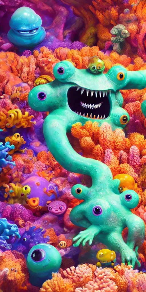 Image similar to of a colorful under water cave with strange cute friendly happy creatures with huge eyes, mouth, long tongue and round teeth appearing from sandy coral, in the style of gehry and gaudi, macro lens, shallow depth of field, ultra detailed, digital painting, trending artstation, concept art, illustration, cinematic lighting, photorealism, epic, octane render