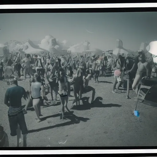 Image similar to rave party chill out zone from a 1970s festival in the desert, polaroid picture