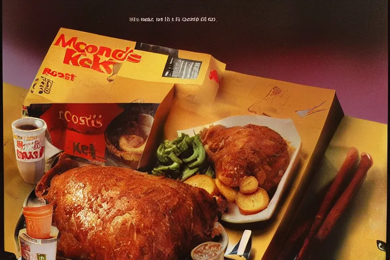 Prompt: mcdonald's roast pork meal, in 1 9 9 5, y 2 k cybercore, advertisement photo. artwork by craig mullins