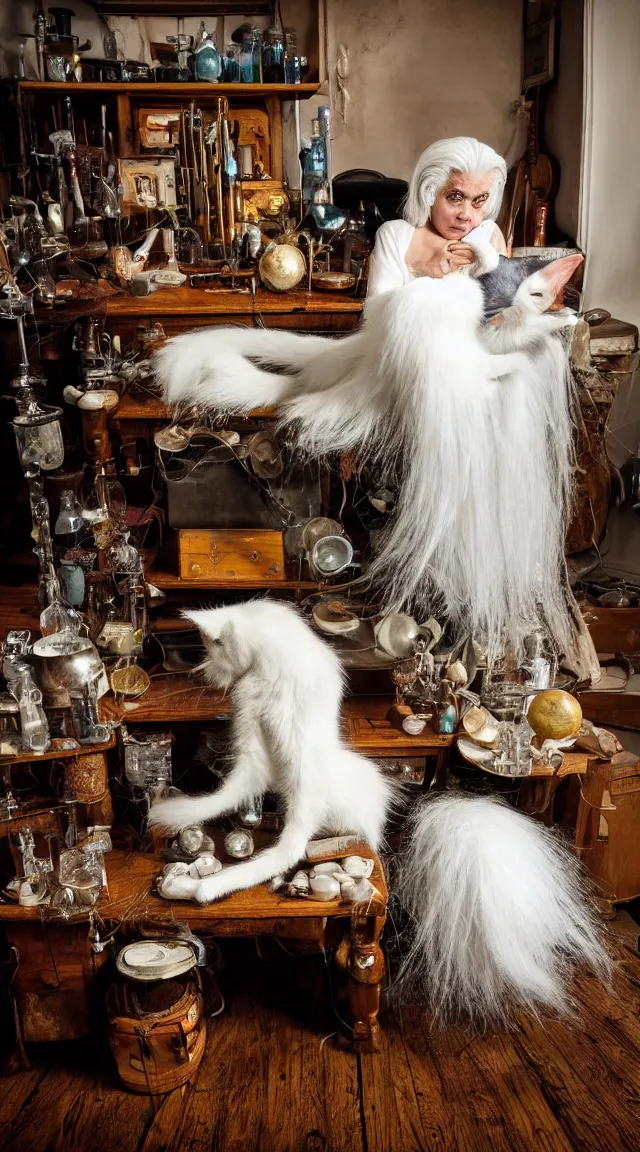 Image similar to full body protrait beautifull witch with white hair in old room. A cristal ball on a wood table with a potions and old instruments. A cat on the floor licking his paw. photorealistic, profesional photo, by Steve McCurry