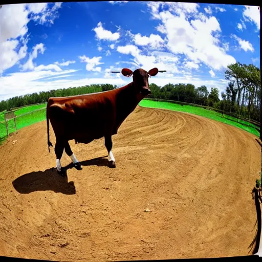 Image similar to a cow standing on a motocross jump, fisheye lens