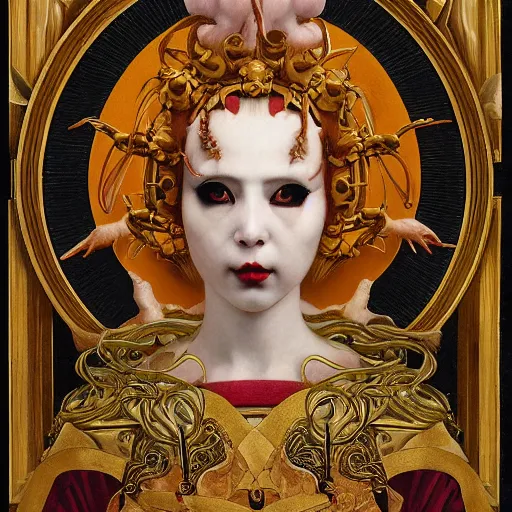 Image similar to front symmetric face of demon marble statue in japanese costume, victorian head dress, by jan van eyck, tom bagshaw, jean delville, william bouguereau, albrecht durer, symbolist painting, mysterious mood