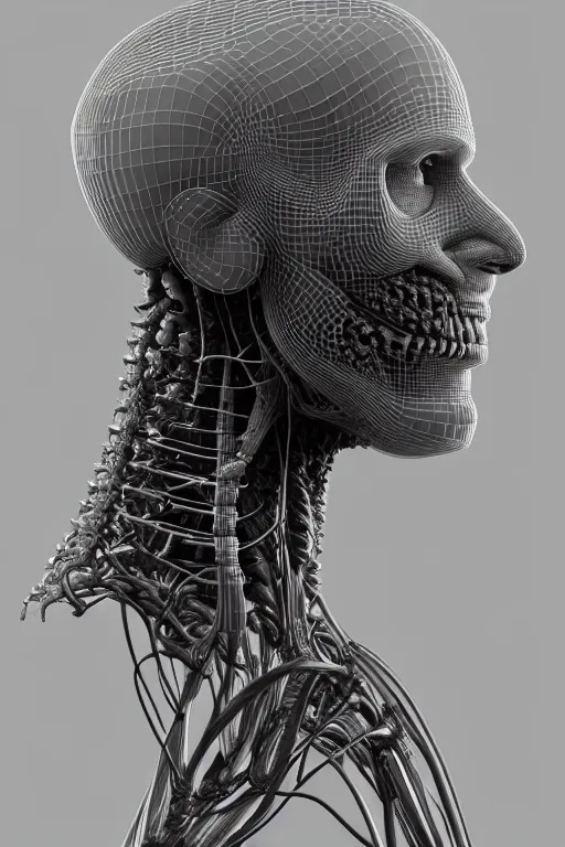 Image similar to 3D render of a rugged profile face portrait of a male cyborg, 150 mm, capacitors, Mandelbrot fractal, anatomical, flesh, facial muscles, neon wires, microchip, veins, arteries, full frame, microscopic, elegant, highly detailed, flesh ornate, elegant, high fashion, rim light, octane render in the style of H.R. Giger and Bouguereau