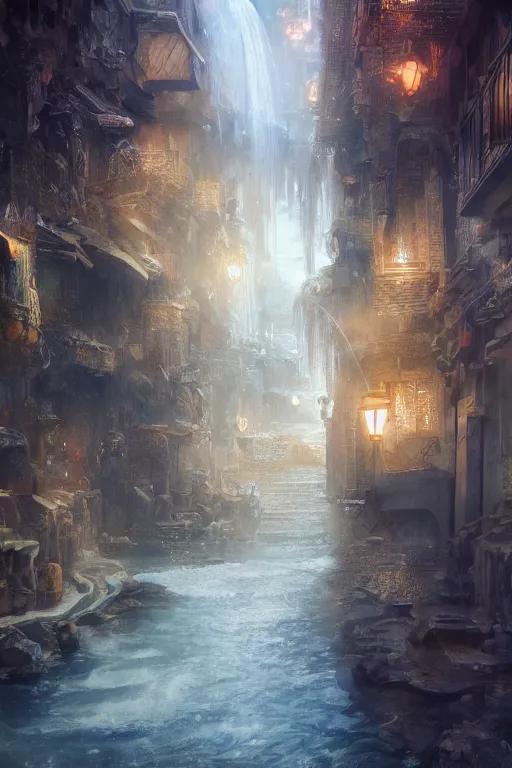 Image similar to inside the antique street of atlantis the city of water, waterfall, intricate, elegant, volumetric lighting, digital painting, highly detailed, artstation, sharp focus, illustration, concept art, ruan jia, steve mccurry