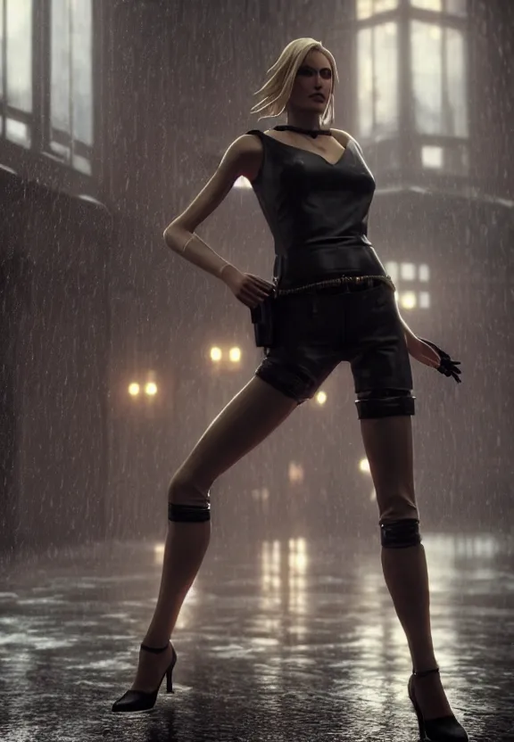 Image similar to cosmopolitan model annie leonhart posing with open toe heels in dunwall city, beautiful face, detailed face, cinematic lighting, rainy weather, melancholy atmosphere, volumetric light, octane render, gothic architecture, realistic reflections, octane render 8 k, model agency, instagram photo, depression and despair