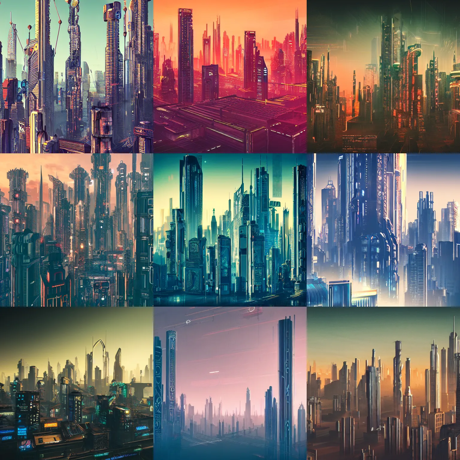 Prompt: detailed photo of a realistic cyberpunk Art Deco skyline at dawn