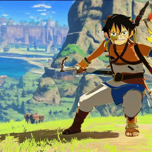 Image similar to a screencap of the legend of zelda breath of the wild, of one piece's luffy in breath of the wild