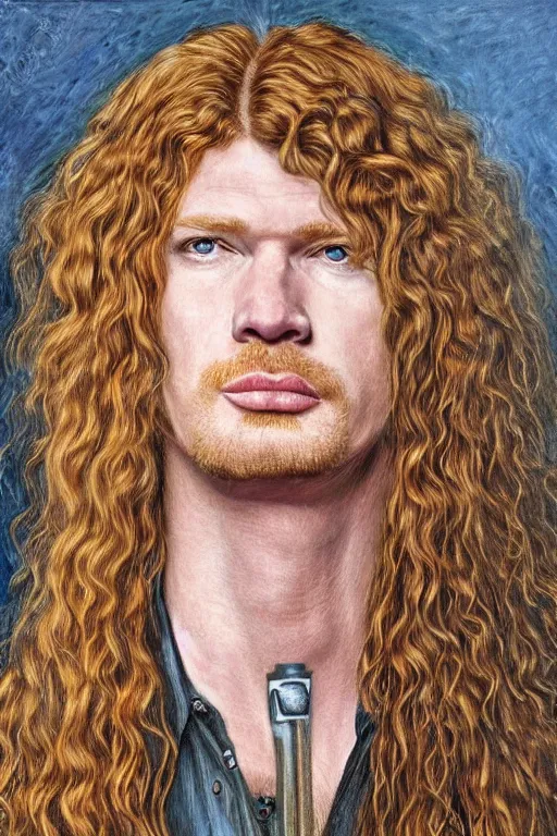 Image similar to Pre-Raphaelite portrait of Dave Mustaine from Megadeth, with very long blond hair and grey eyes