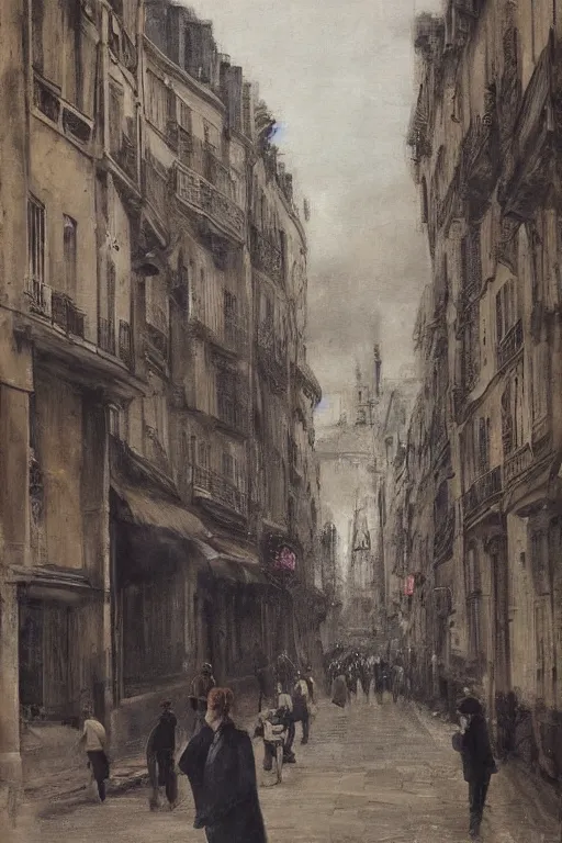 Image similar to in the foreground a Parisian street, in the background a dark-haired man from behind wearing a long matrix style jacket and starting to fly away, realistic, high definition, great detail, dramatic scene, detailed and realistic hands, symmetrical face, realistic eyes, art of franck miller