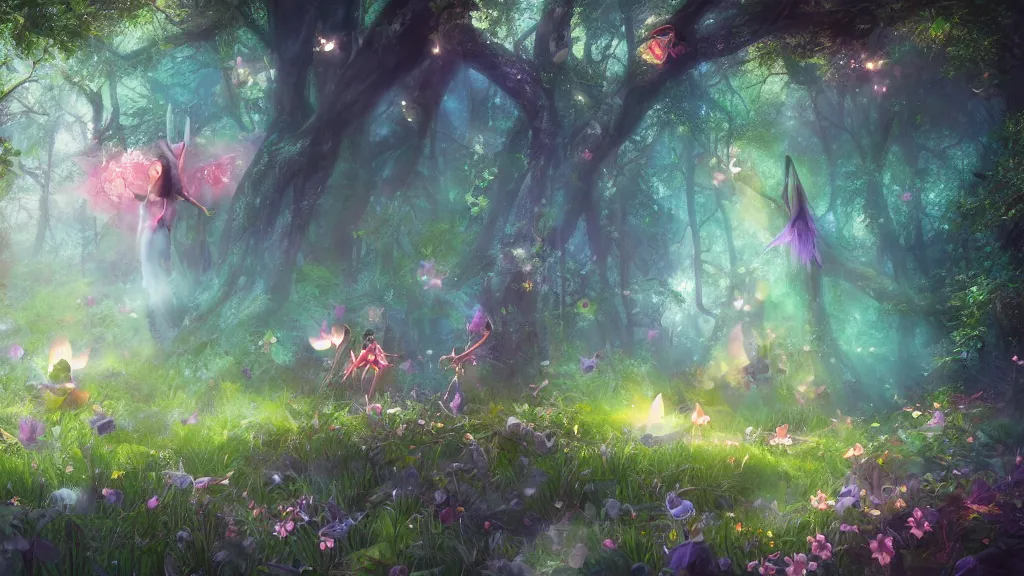 Image similar to fairies in a mystical magic forest, cinematic scene, studio lighting, colorful, candy, fantasy, fireflies, matte painting, concept art, medium shot, trending on artstation,