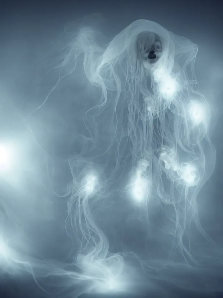 Prompt: cute fumo plush beautiful ectoplasmic gothic skeletal jellyfish ghost girl, glowing milky wisps of hazy smoke and volumetric fog on a stormy reflective river, lens flare, subsurface scattering, vignette, asymmetry, bokeh, refraction, vray