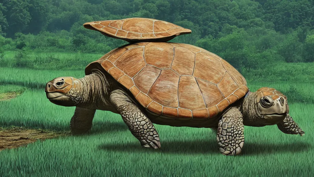 Image similar to Giant turtle with a city on it's back, walking through an open field, forest visible in the background