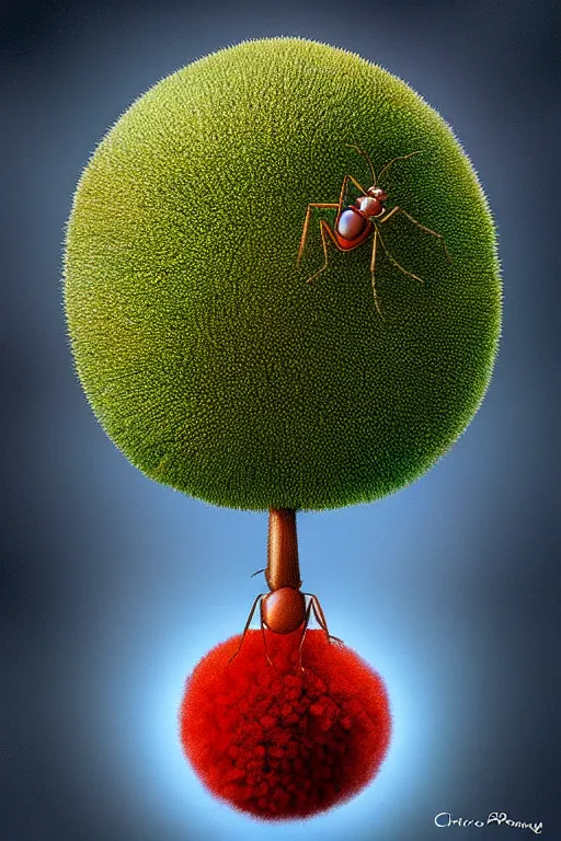 Image similar to an ant perspective view of a pompom tree, digital illustration by chris van allsburg and artgerm, surreal, photorealistic, award winning