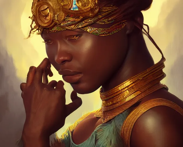 Image similar to photography of amadou opa bathily, deep focus, d & d, fantasy, intricate, elegant, highly detailed, digital painting, artstation, concept art, matte, sharp focus, illustration, hearthstone, art by artgerm and greg rutkowski and alphonse mucha