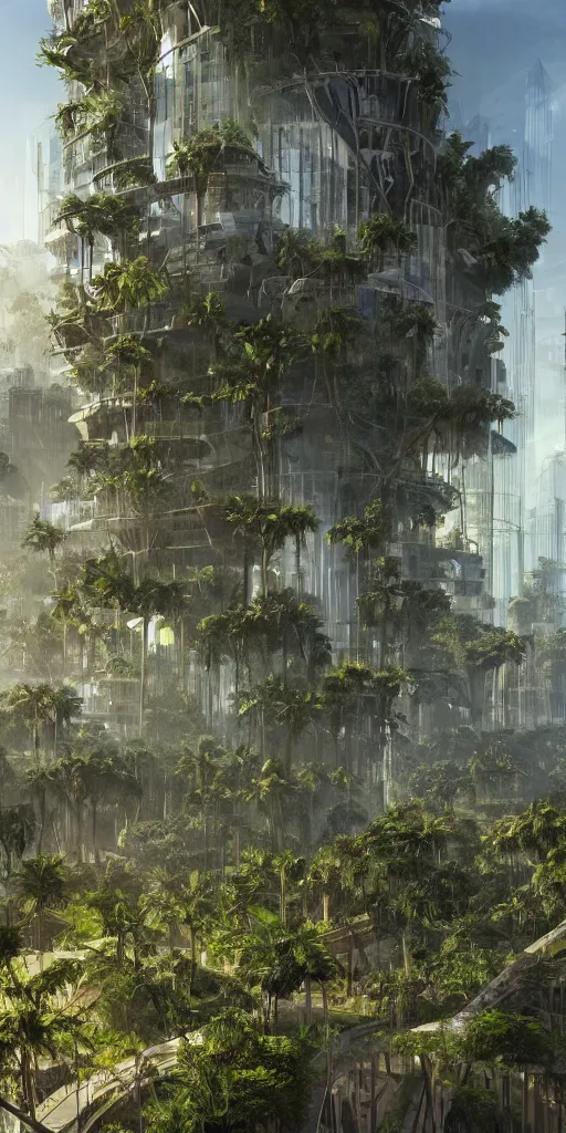 Prompt: concept art of scifi rainforest city in the negev dessert. tall glass building covered in plants. cinematic. epic framing, beautiful, highly detailed art station, behance, realistic