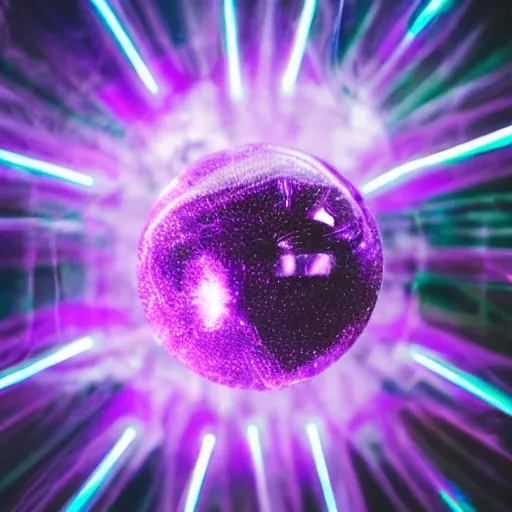 Prompt: a purple crystal ball with magical neon smoke swirling inside of it, award winning photography, cinematic