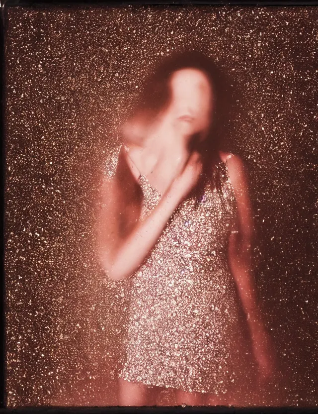 Prompt: conceptual polaroid photo with flash, portrait of a woman in glitter dress, polaroid photo strong lights, kodak film stock, hyper real, stunning moody cinematography, with anamorphic lenses, by maripol, detailed