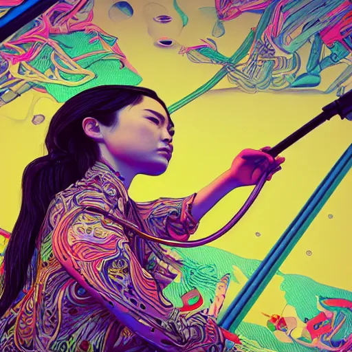 Image similar to portrait of mitski, an ultrafine detailed illustration by james jean, intricate linework, bright colors, final fantasy, behance contest winner, vanitas, angular, altermodern, unreal engine 5 highly rendered, global illumination, radiant light, detailed and intricate environment