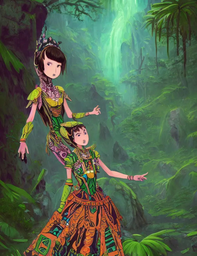 Prompt: aztec scifi princess of the lichen rainforest, wearing a lovely dress. this oil painting by the award - winning mangaka has an interesting color scheme, plenty of details and impeccable lighting.