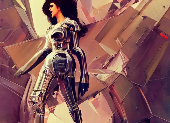 Prompt: feminine domme cyborg, full body, high fashion, futurism, aerodynamic, flowing, intricate, slick, highly detailed, digital painting, vogue, concept art, smooth, sharp focus, hd, art by syd mead and john berkey and annie leibovitz