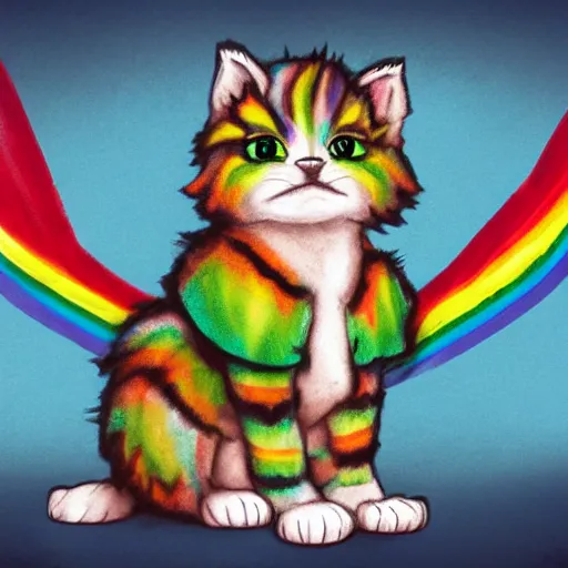 Image similar to wide angle full body, of a fluffy cute rainbow kitten wearing a black leather motorcycle jacket, concept art