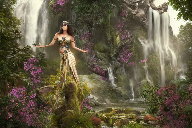 Prompt: A beautiful divine tribal high priestess with feathers and crystals in a lush field of flowers, highly detailed medieval temple behind her with waterfall and Deer, wide painting by greg rutkowski and HR Giger, Zbrush, Trending on artstation:1 H 1024