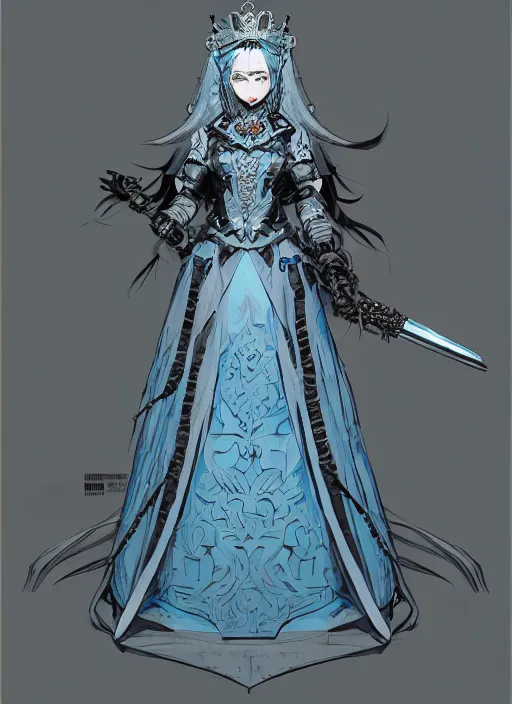 Prompt: beautiful queen in a heavy iron mask and ornate pale blue dress, gray hair. in style of yoji shinkawa and hyung - tae kim, trending on artstation, dark fantasy, great composition, concept art, highly detailed, dynamic pose, vibrant colours.