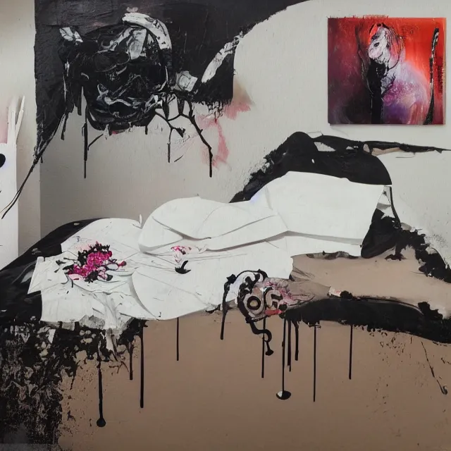 Prompt: bedroom with black walls and a futon, sensual portrait of a woman sleeping, cracked handmade pottery vase, torn paper smouldering smoke, candles, white flowers on the floor, puddle of water, octopus, squashed berries, neo - expressionism, surrealism, acrylic and spray paint and oilstick on canvas