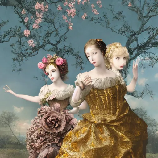 Image similar to 8k, octane render, realism, tonalism, renaissance, rococo, baroque, group of creepy young ladies wearing long flowers and skull dress, harajuku manga, background chaotic gold leaf flowers