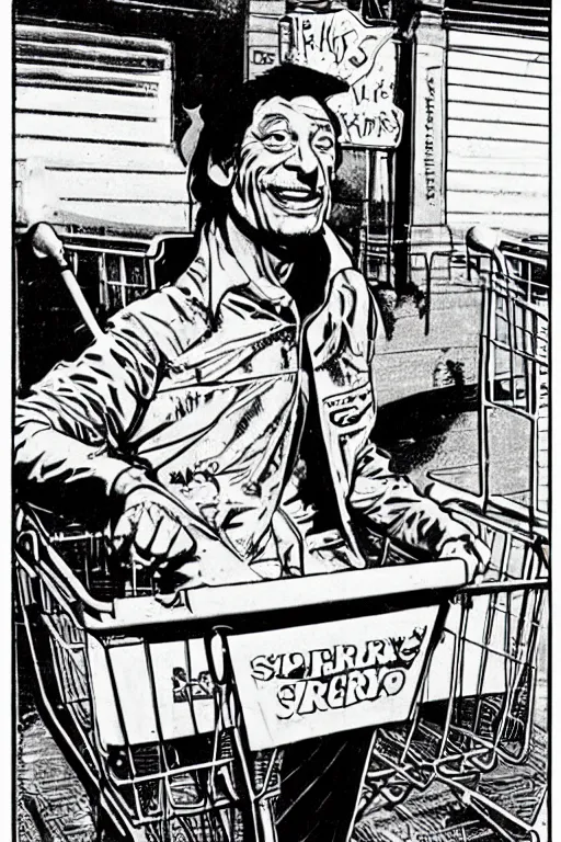 Image similar to jim varney in a shopping cart outside of k - mart, 6 0 ’ s style cartoon cover by jean henri gaston giraud, comic book artist moebius, comic book arzach style