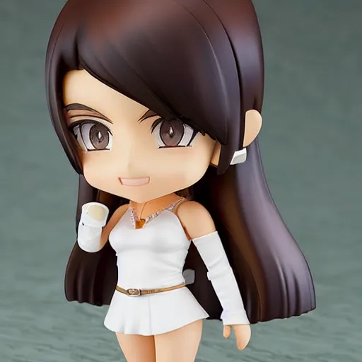 Image similar to nendoroid of a white girl with long dark brown hair shaved on the sides, brown eyes and thick eyebrows