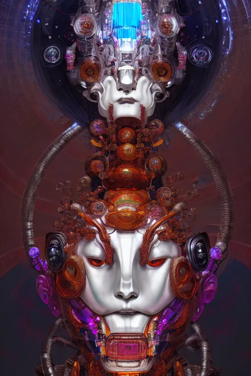 Image similar to asura from chinese myth, ghost, gorgeous and huge head ornaments, dystopian, cyberpunk, organic fractal mycelum and fungi, mecha, halfturn portrait of a big crystal face made of crystals half - turn, ominous, intricate, studio, art by anthony macbain + greg rutkowski + alphonse mucha, concept art, 4 k, sharp focus