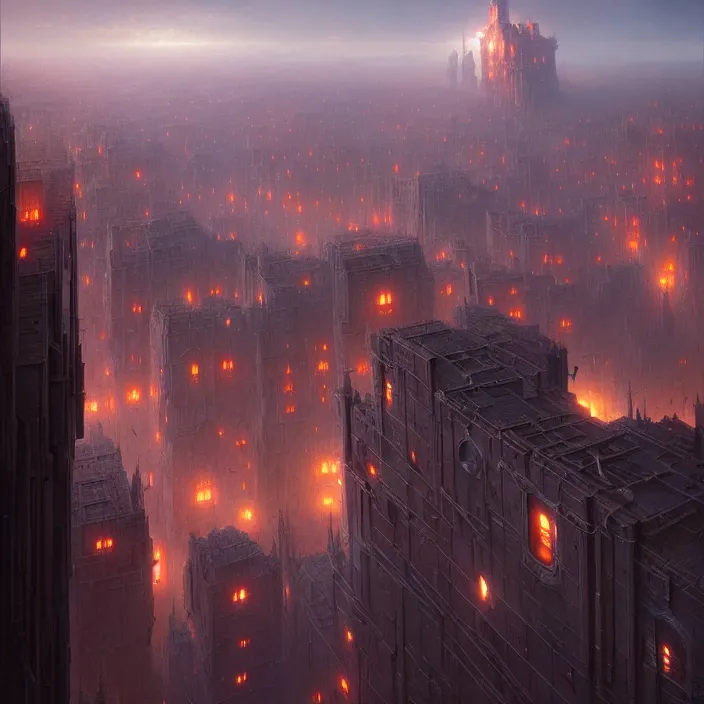 Prompt: matte painting by marc simonetti, jonathan solter, greg rutkowski of a small futuristic town, masterpiece, cinematic, hyperdetailed, photorealistic, hyperrealism, architecture, aerial view,