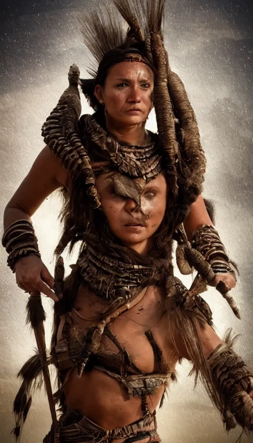 Prompt: sweated ancient princess tribewoman ready to fight, partially destroyed armor inspired monster hunter, low shot camera, muscular, symmetrical face, clean face, subtle make up, debris and arrows flies around her, frozen time effect,dramatic lighting, cinematic, establishing shot, extremely high detail, photorealistic, 300 the movie,monster hunter the movie, dune the movie, cinematic lighting, artstation, octane render, western,old photo, vintage